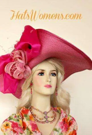 Hot Pink White Wide Lift-Up Brim Kentucky Derby Hat Bridal Weddings Hats
