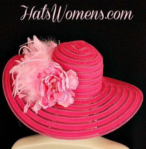 Ladies Hot Pink Wide Brim Church Wedding Designer Fashion Hat Feathers Flower, Kentucky Derby Hats 2 Ladies Hot Pink Wide Brim Church Wedding Designer Fashion Hat Feathers Flower, Kentucky Derby Hats