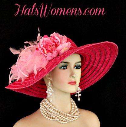 Ladies Hot Pink Wide Brim Church Wedding Designer Fashion Hat Feathers Flower, Kentucky Derby Hats