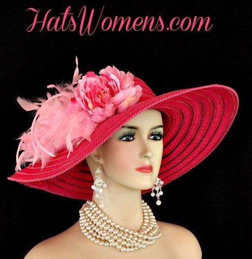 Ladies Hot Pink Wide Brim Church Wedding Designer Fashion Hat Feathers Flower, Kentucky Derby Hats