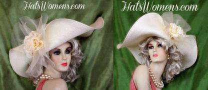 Ivory Black Or Antique Gold Wide Lift Up Brim Kentucky Derby Hat With Roses, Couture Fashion Hats - Image 3