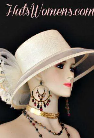 Ivory Formal Lampshade Wide Brim Special Occasion Wedding Hat, Races Bridal Dress Hats