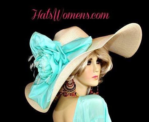Ivory Aqua Turquoise Blue Wide Brim Hat Weddings Bridal Church Hats