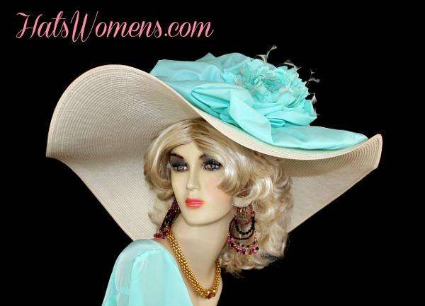 Ivory Aqua Turquoise Blue Wide Brim Hat Weddings Bridal Church Hats