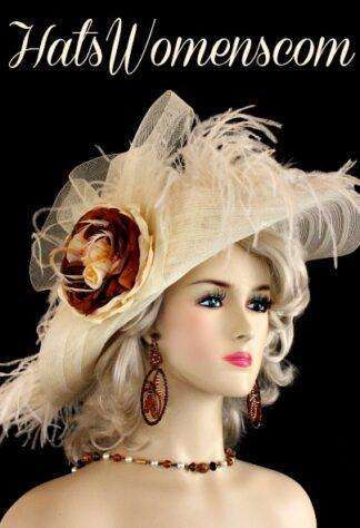 Woman's Ivory Brown Wide Brim Kentucky Derby Hat Ostrich Feathers, Designer Wedding Hats