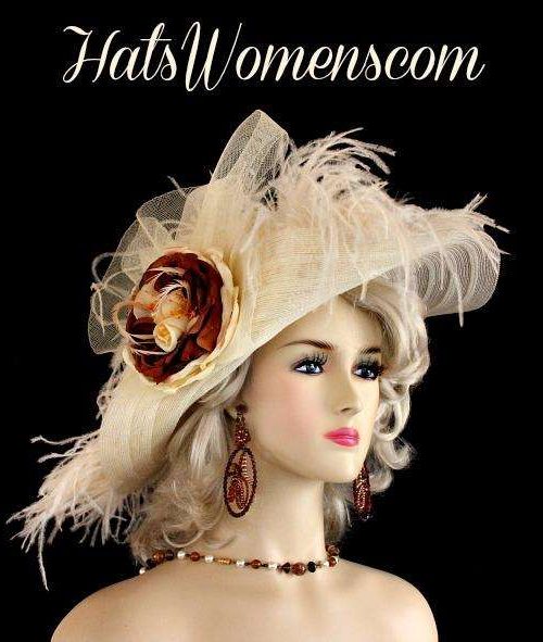 Woman's Ivory Brown Wide Brim Kentucky Derby Hat Ostrich Feathers, Designer Wedding Hats
