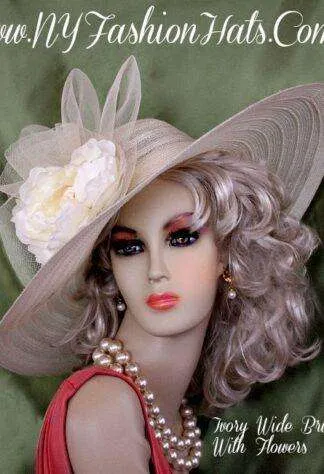 Ladies Designer Ivory Wide Brim Formal Wedding Designer Church Hat