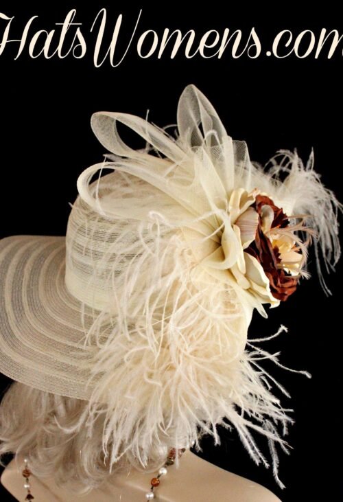 Woman’s Ivory Brown Wide Brim Kentucky Derby Hat Ostrich Feathers, Designer Wedding Hats 2 Woman's Ivory Brown Wide Brim Kentucky Derby Hat Ostrich Feathers, Designer Wedding Hats