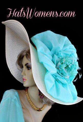 Ivory Aqua Turquoise Blue Wide Brim Hat Weddings Bridal Church Hats