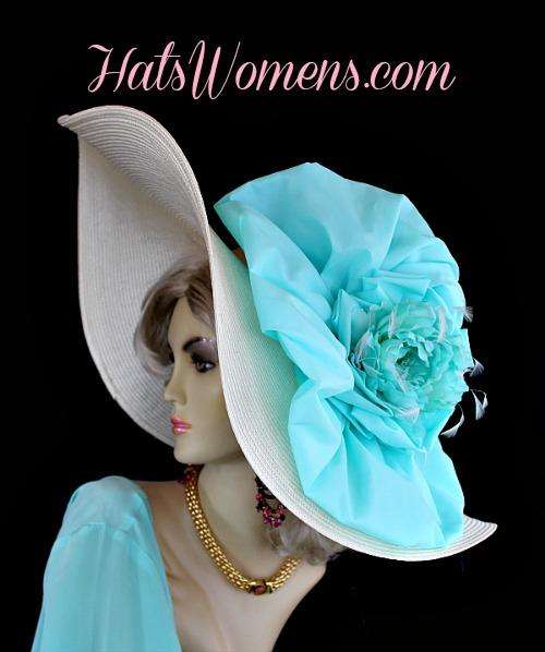 Ivory Aqua Turquoise Blue Wide Brim Hat Weddings Bridal Church Hats Dress Hats For Women