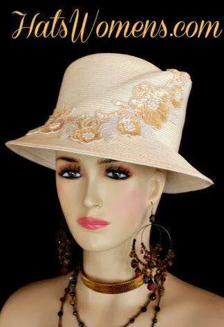 Ivory Gold Beige Sequin Ladies Dress Hats Formal Designer Wedding Hats