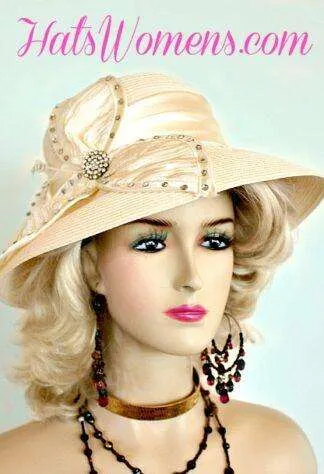Ladies Ivory Wide Brim Bridal Wedding Church Hat With Rhinestones