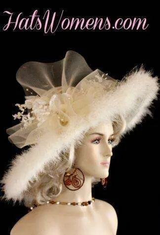 Ivory Sheer Designer Wedding Hat Feathers Silk Flowers Wide Brim Hats