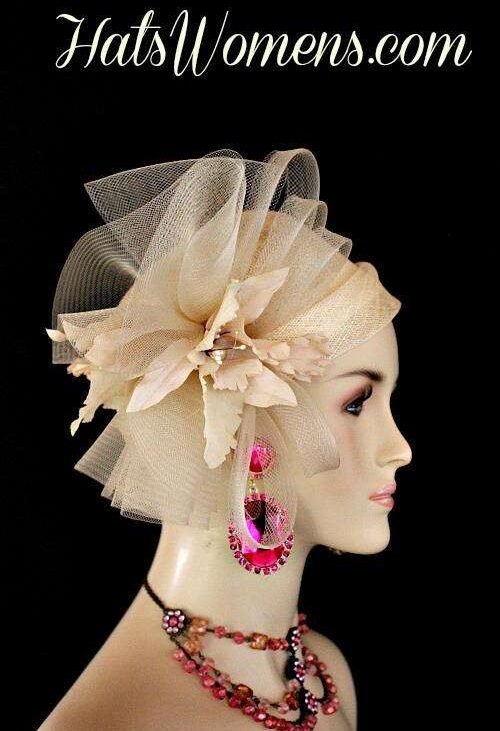Beige Sinamay Straw Cloche Flapper Wedding Bridal Cocktail Pillbox Hat, Designer Fashion Kentucky Derby Hats