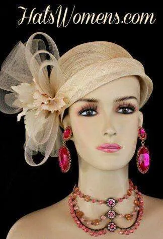 Beige Sinamay Straw Cloche Flapper Wedding Bridal Cocktail Pillbox Hat, Designer Fashion Kentucky Derby Hats