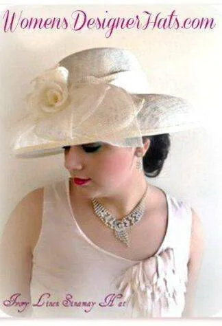 Ivory Couture Bridal Wedding Hat, Sinamay Straw Dress Hats For Women, Straw Kentucky Derby Hats, Ladies Designer Fashion Hats Sinamay, Straw Wedding Bridal Brides Church Hats Ivory