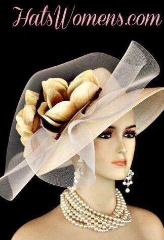 Ivory Beige Formal Lampshade Wide Brim Special Occasion Wedding Hat With Flowers, Races Bridal Dress Hats