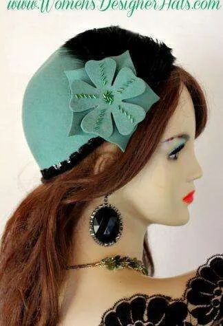 Ladies Jade Green Black Cloche Flapper Roaring Twenties Hat Winter Designer Fashion Pillbox Church Wedding Dress Hats