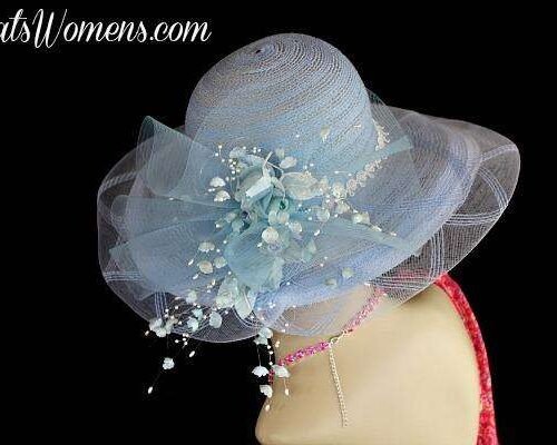 kentuckyderbyhats_pastelbluehats_skybluehats_dresshats_womensdesignerhats_hatsforweddings_Churchhats_fashionhats.jpg Women's Pastel Blue Rosebud Wide Brim Fashion Dress Wedding Church Hat