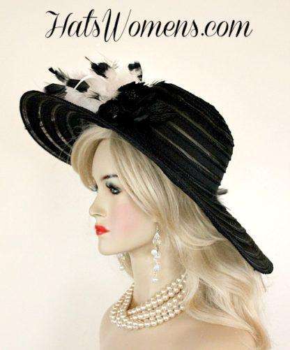 Ladies Black White Wide Brim Church Wedding Designer Fashion Hat Feathers Roses, Kentucky Derby Hats - Image 2