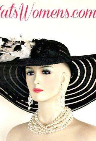 Black Wide Brim Designer Special Occasion Church Hat, Dress Hats With Feathers, Custom Church Hats For Women