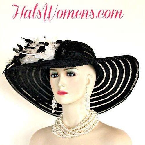 Black Wide Brim Designer Special Occasion Church Hat, Dress Hats With Feathers, Custom Church Hats For Women