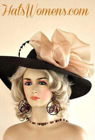 Brown Champagne Beige Wide Brim Designer Wedding Hat, Women's Kentucky Derby Hats