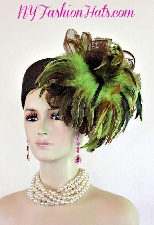 Ladies Brown And Lime Green Pillbox Designer Dress Hat For Women, Church Hats, Formal Wedding Hats, Kentucky Derby Hats