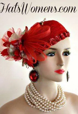 Ladies Red Green Pink Cocktail Hat Wedding Pillbox Cloche Formal Couture Bridal Hats