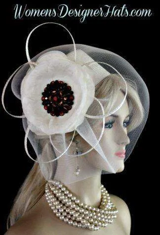 Ladies Ivory Pillbox Cocktail Hat Wedding Bridal Designer Formal Couture Church Hats