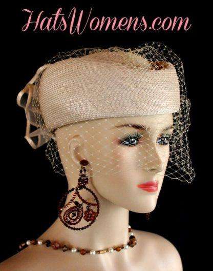 Ladies White Pillbox Veil Formal Designer Wedding Bridal Hat, Women's Dress Fashion Church Brides Hats