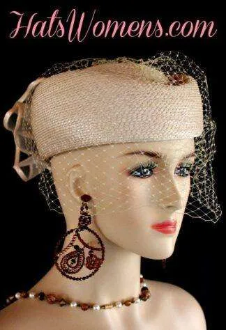 Ladies Beige Pillbox Veil Dress Formal Designer Hat, Women's Dress Fashion Church Bridal Hats