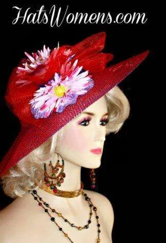 Red Purple Wide Brimmed Society Spring Flowers Hat Women's Dress Hats