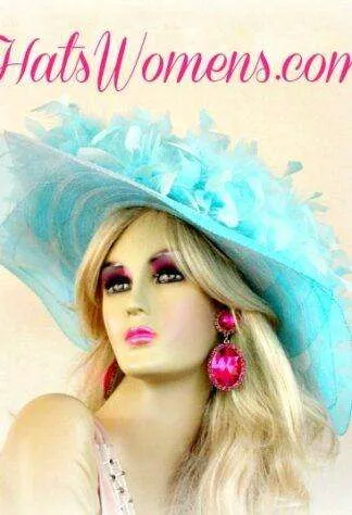 Woman's Turquoise Blue Wide Brimmed Bridal Wedding Church Hat, Designer Kentucky Derby Hats