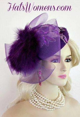 Women's Purple Pillbox Cocktail Hat For Weddings Church Dress Up