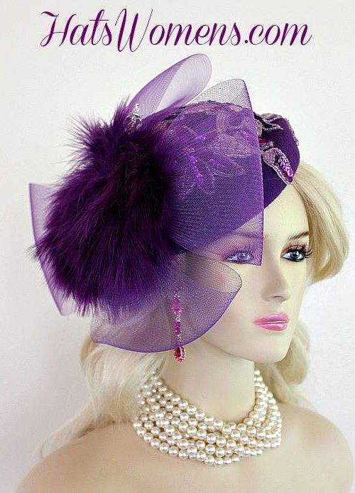 Women's Purple Pillbox Cocktail Hat For Weddings Church Dress Up