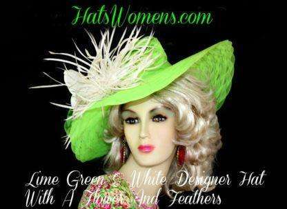 Lime Green White Wide Brim Kentucky Derby Hat, Women's Designer Hats - Image 2