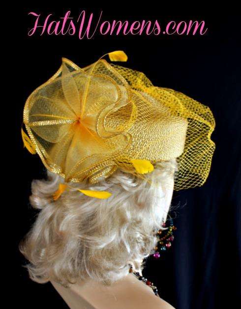 Ladies Metallic Gold Special Occasion Veiled Pillbox Hat, Woman's Dress Hats - Image 3