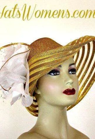 Metallic Gold White Wide Brim Designer Fashion Wedding Hat, Kentucky Derby Hats