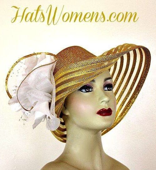 Metallic Gold White Wide Brim Designer Fashion Wedding Hat, Kentucky Derby Hats