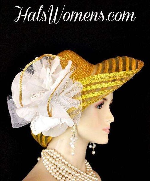 Metallic Gold White Wide Brim Designer Fashion Wedding Hat, Kentucky Derby Hats 2 Metallic Gold White Wide Brim Designer Fashion Wedding Hat, Kentucky Derby Hats