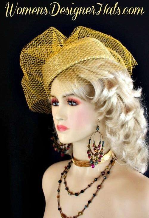 metallicgoldpillboxhat_hatswithveils_cocktailhats_pillboxhats_womensdesignerhats_dresshatsforwomen_churchhats_churchsuithats_formalweddinghats Lady's Metallic Gold Formal Wedding Pillbox Hat, Dress Hats For Women, Special Occasion Hats, Pillboxes Hats Millinery Custom Headwear, Formal Hats With Veils Weddings