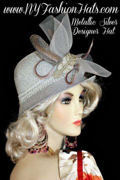 Women's Designer Metallic Silver Fashion Cloche Hat, Winter Hats For Women, Ladies Fashion Church Hats, Hats For Weddngs, Bridal Couture Headpiece, Cocktail Hats, Hats For Holidays