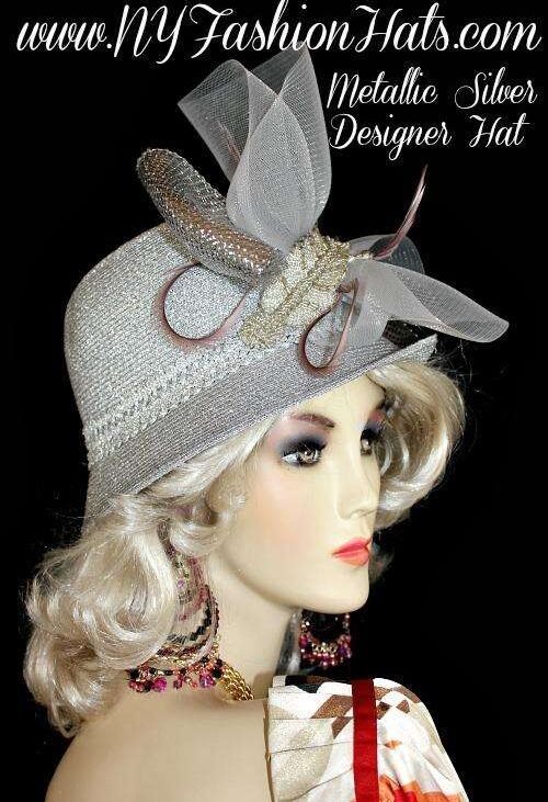 Women's Designer Metallic Silver Fashion Cloche Hat, Winter Hats For Women, Ladies Fashion Church Hats, Hats For Weddngs, Bridal Couture Headpiece, Cocktail Hats, Hats For Holidays