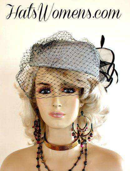 Ladies Metallic Silver Black Special Occasion Veiled Pillbox Hat, Woman's Dress Hats - Image 2