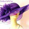 Purple Wide Sheer Brim Formal Designer Fashion Hat With Feathers, Ladies Derby Hats