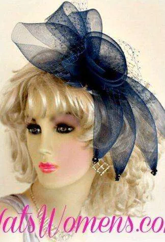 Navy Blue Cocktail Hat Wedding Headpiece, Wedding Fascinator Ivory Black Navy, Bridal Headpieces Brides Church, Mother Of The Bride Or Groom Hats