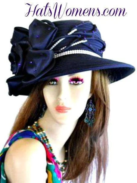 Ladies Navy Blue Satin Designer Hat, Church Wedding Formal Hats