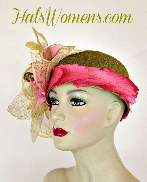 Olive Lime Green Ivory Sinamay Straw Cloche Flapper Wedding Bridal Cocktail Pillbox Hat With Hot Pink Flowers, Designer Fashion Kentucky Derby Hats