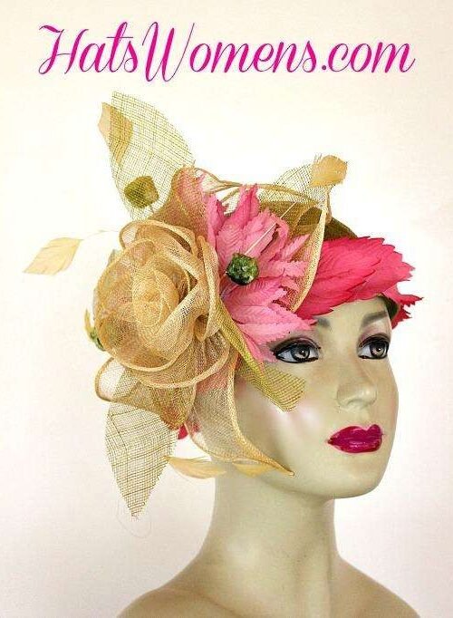 Olive Lime Green Ivory Sinamay Straw Cloche Flapper Wedding Bridal Cocktail Pillbox Hat With Hot Pink Flowers, Designer Fashion Kentucky Derby Hats